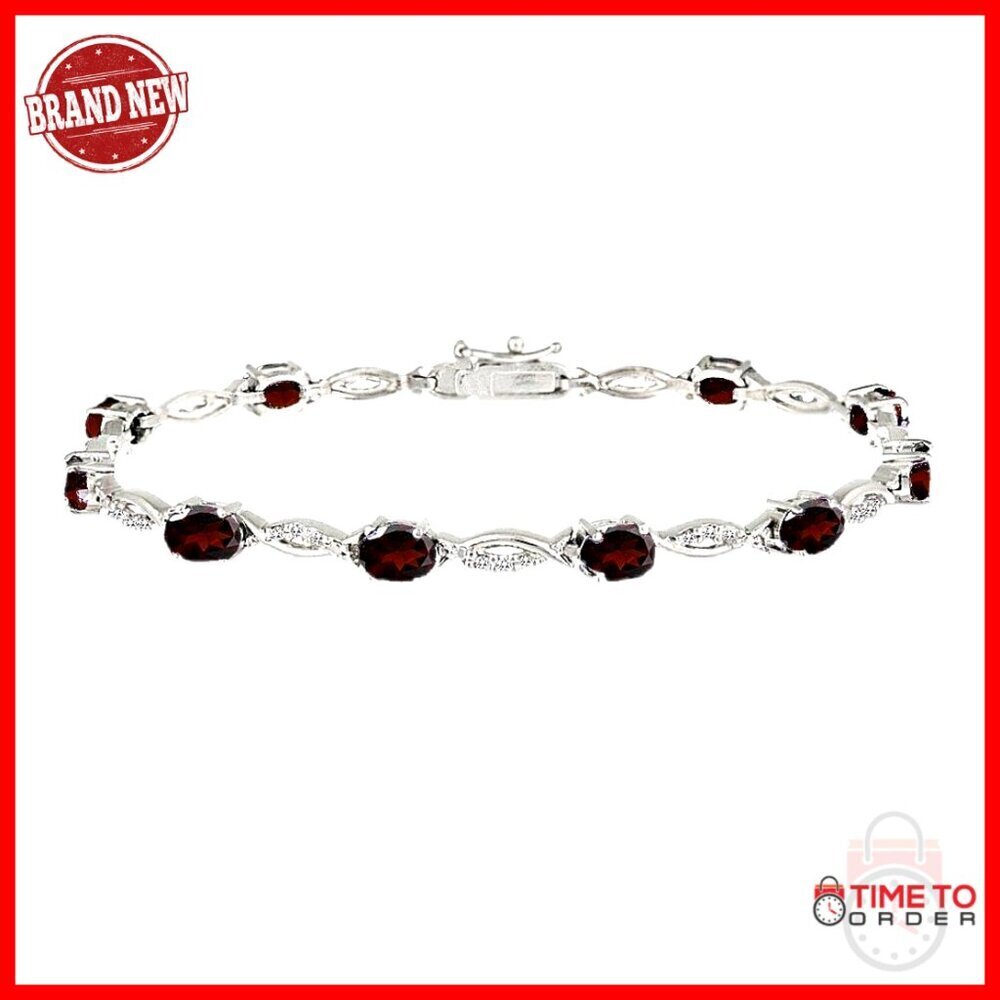 Sterling Silver Tennis Bracelet with Oval Garnet Gemstones, 7.25 Inches